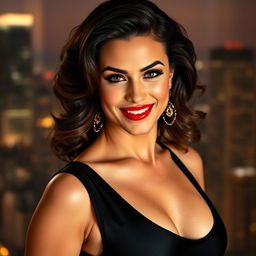 A sexy portrait of a confident and alluring woman in a sleek cocktail dress, striking a sultry pose with a playful smile