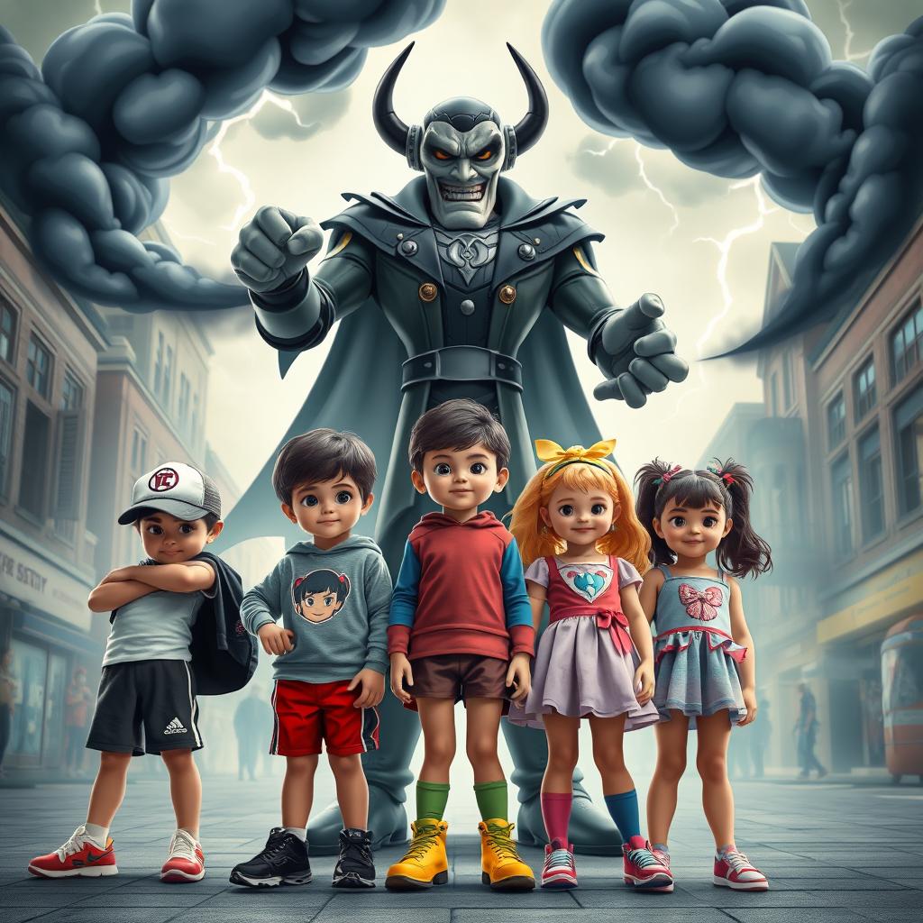 Five children of diverse backgrounds assembling together to confront a cartoonish villain in a lively urban environment