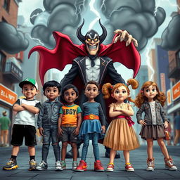 Five children of diverse backgrounds assembling together to confront a cartoonish villain in a lively urban environment