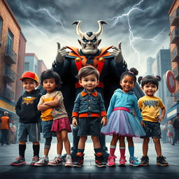 Five children of diverse backgrounds assembling together to confront a cartoonish villain in a lively urban environment