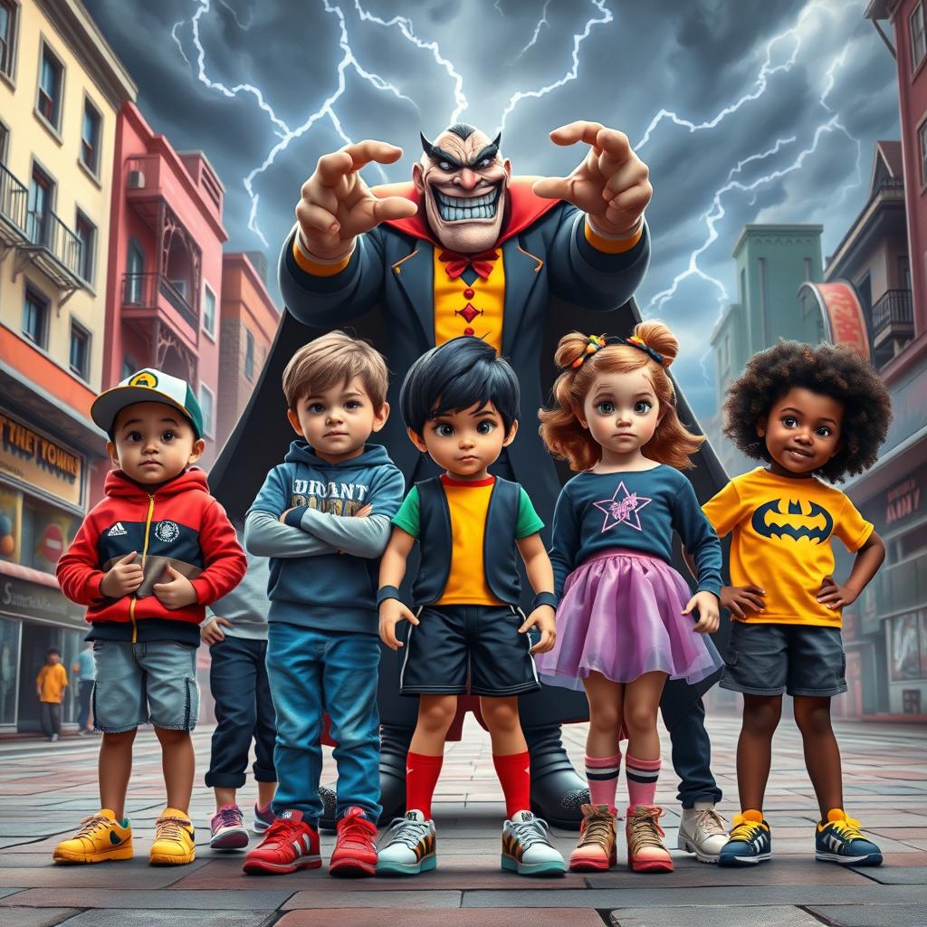 Five children of diverse backgrounds assembling together to confront a cartoonish villain in a lively urban environment