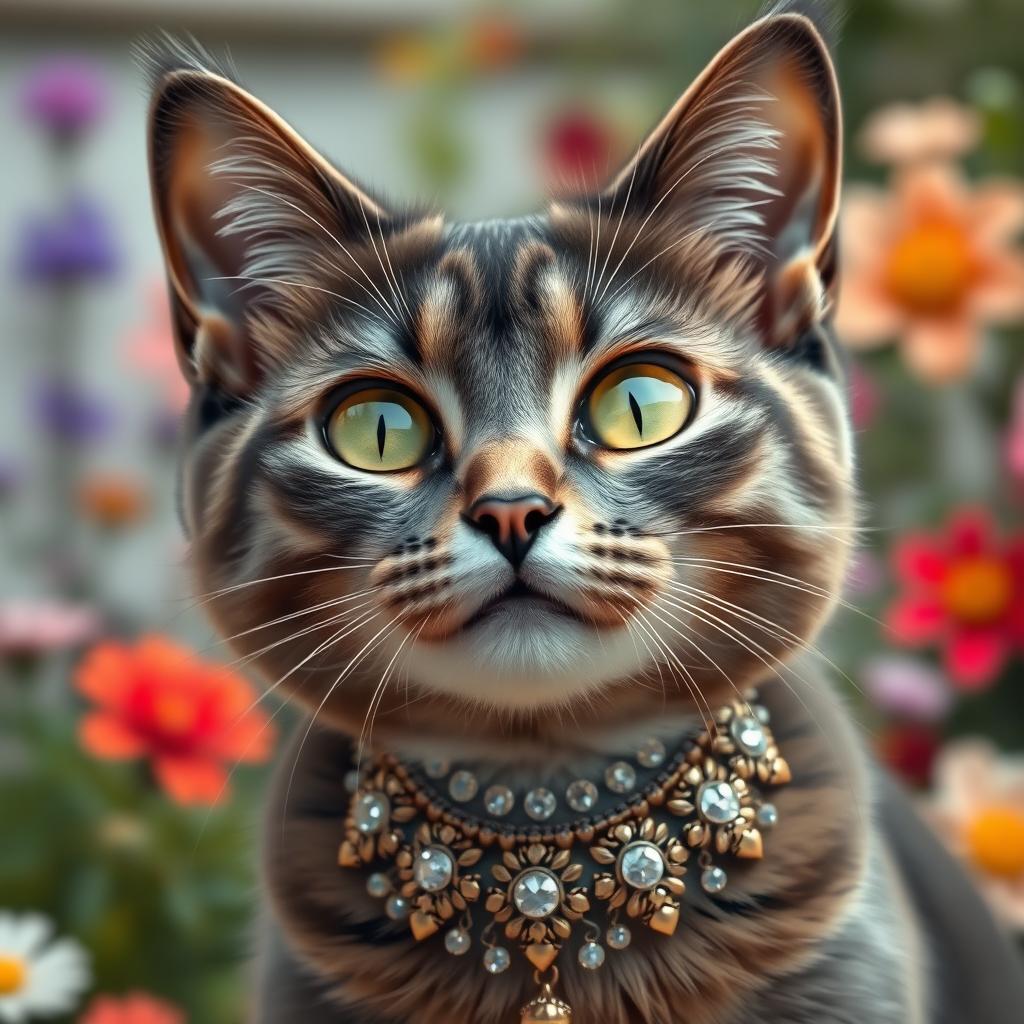 A close-up, artistic representation of a beautifully adorned cat, showcasing its sleek fur and vibrant green eyes, with intricate jewelry around its neck and a playful expression