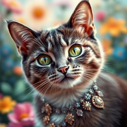 A close-up, artistic representation of a beautifully adorned cat, showcasing its sleek fur and vibrant green eyes, with intricate jewelry around its neck and a playful expression