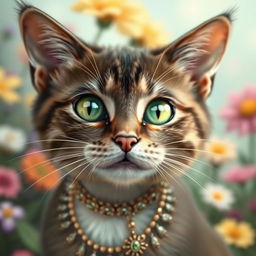 A close-up, artistic representation of a beautifully adorned cat, showcasing its sleek fur and vibrant green eyes, with intricate jewelry around its neck and a playful expression