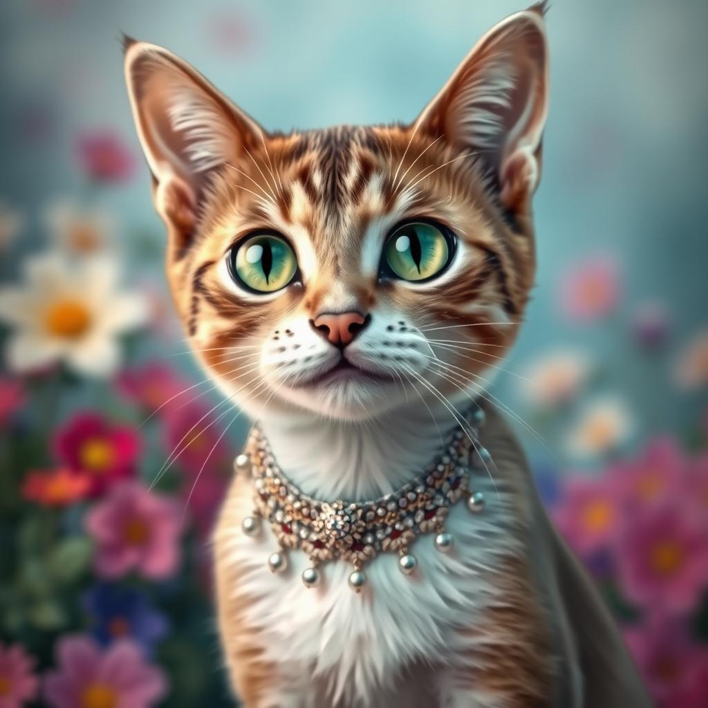 A close-up, artistic representation of a beautifully adorned cat, showcasing its sleek fur and vibrant green eyes, with intricate jewelry around its neck and a playful expression
