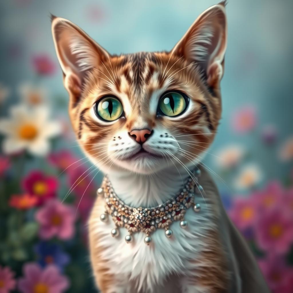 A close-up, artistic representation of a beautifully adorned cat, showcasing its sleek fur and vibrant green eyes, with intricate jewelry around its neck and a playful expression