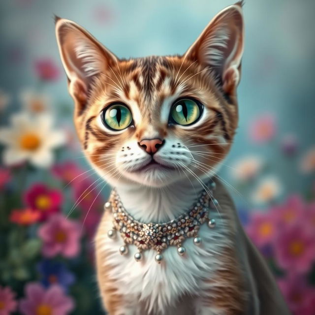 A close-up, artistic representation of a beautifully adorned cat, showcasing its sleek fur and vibrant green eyes, with intricate jewelry around its neck and a playful expression