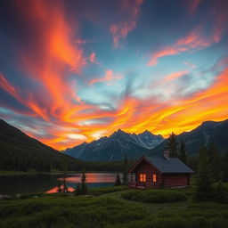 A stunning landscape featuring a majestic mountain range under a dynamic sky filled with swirling clouds and a vibrant sunset