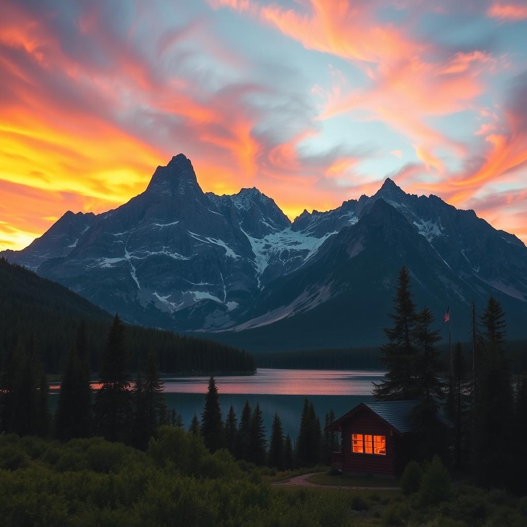 A stunning landscape featuring a majestic mountain range under a dynamic sky filled with swirling clouds and a vibrant sunset