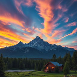 A stunning landscape featuring a majestic mountain range under a dynamic sky filled with swirling clouds and a vibrant sunset