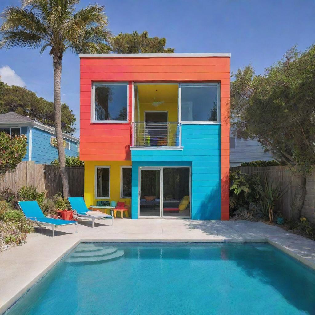 A lively, colorful small modern beach house with a compact pool in front. The house showcases bold and vibrant colors which add to its playful and beachy vibe.