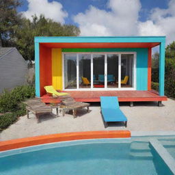 A lively, colorful small modern beach house with a compact pool in front. The house showcases bold and vibrant colors which add to its playful and beachy vibe.