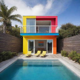 A lively, colorful small modern beach house with a compact pool in front. The house showcases bold and vibrant colors which add to its playful and beachy vibe.