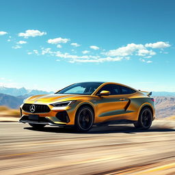 A stunning fusion of a Corvette C8 and Mercedes GLC Coupe, designed as a 4-door compact utility vehicle (CUV) featuring an elegant matte gold exterior