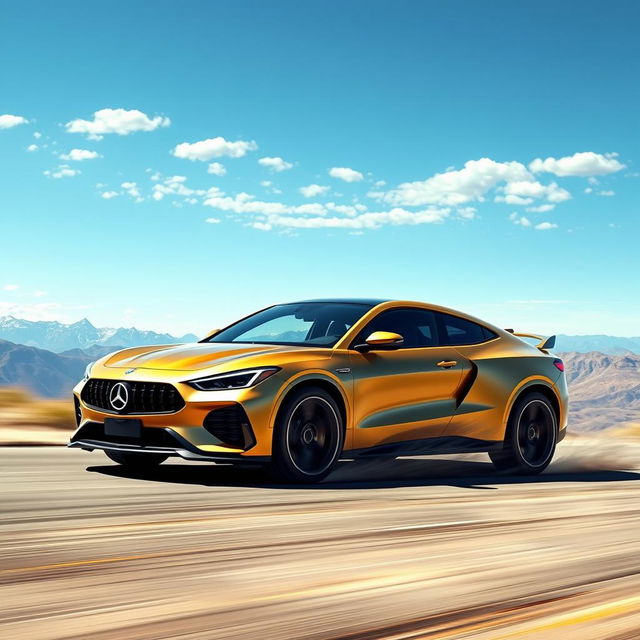 A stunning fusion of a Corvette C8 and Mercedes GLC Coupe, designed as a 4-door compact utility vehicle (CUV) featuring an elegant matte gold exterior