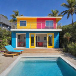 A lively, colorful small modern beach house with a compact pool in front. The house showcases bold and vibrant colors which add to its playful and beachy vibe.