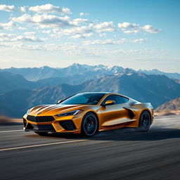 A stunning fusion of a Corvette C8 and Mercedes GLC Coupe, designed as a 4-door compact utility vehicle (CUV) featuring an elegant matte gold exterior