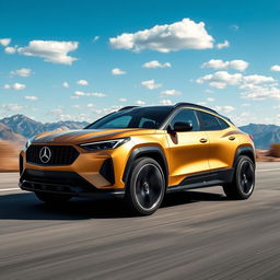 A unique fusion vehicle combining the sleek design elements of the Corvette C8 and the practicality of a Mercedes GLC, featuring a four-door configuration as a CUV (Crossover Utility Vehicle)