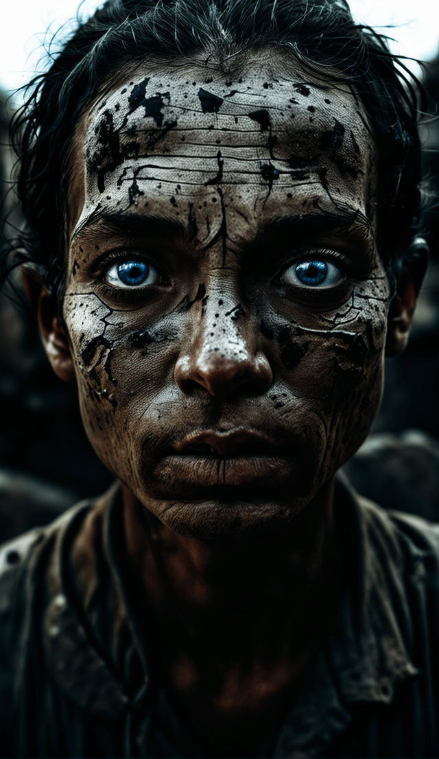 16k resolution photograph of a face with symmetrical features and blue irises in a war-torn landscape, taken in low light with sharp focus.