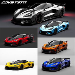 A collection of innovative bodykit ideas for the Chevrolet Corvette C8, focusing on a widebody design and a distinctive front bumper