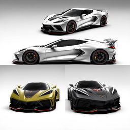 A collection of innovative bodykit ideas for the Chevrolet Corvette C8, focusing on a widebody design and a distinctive front bumper