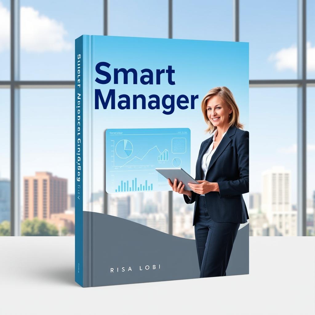 A book cover design featuring a smart, confident manager standing in a modern office environment