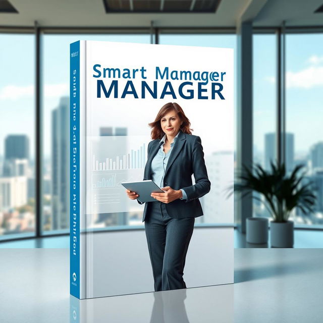 A book cover design featuring a smart, confident manager standing in a modern office environment