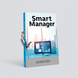 A book cover design featuring a smart, confident manager standing in a modern office environment