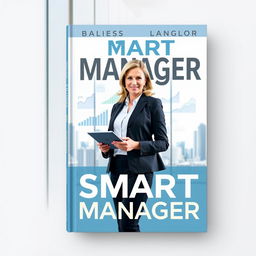 A book cover design featuring a smart, confident manager standing in a modern office environment