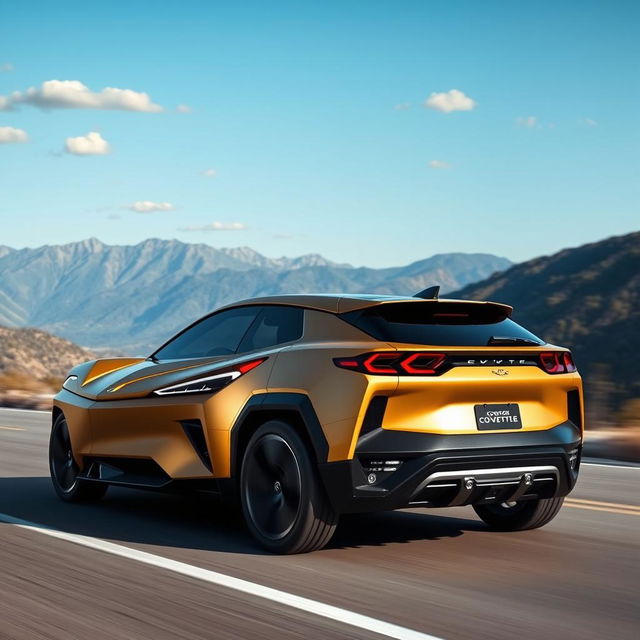 A creative concept vehicle merging the stylish elements of the Corvette C8 and the modern design of the Kia EV6, resulting in a four-door CUV (Crossover Utility Vehicle)