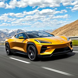 A striking fusion of the Chevrolet Corvette C8 and the Tesla Model Y, designed as a four-door CUV (Crossover Utility Vehicle)