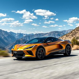 A striking fusion of the Chevrolet Corvette C8 and the Tesla Model Y, designed as a four-door CUV (Crossover Utility Vehicle)