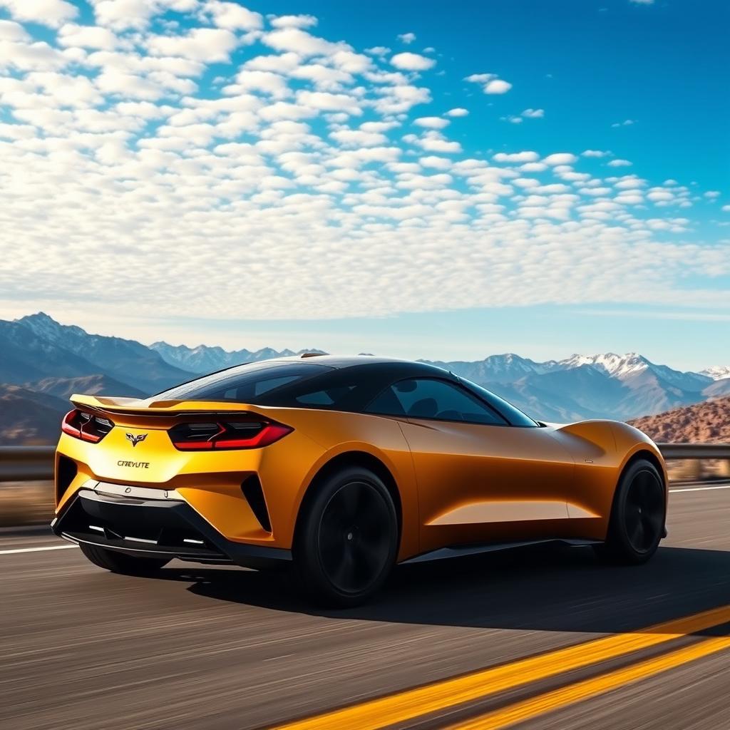 A striking fusion of the Chevrolet Corvette C8 and the Tesla Model Y, designed as a four-door CUV (Crossover Utility Vehicle)