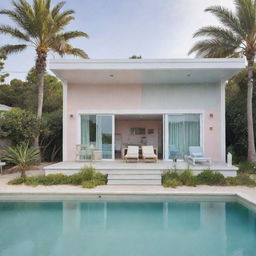 A charming small modern beach house with a compact front pool, painted in pastel colors, giving it a serene and coastal allure that matches the tranquility of the beach.