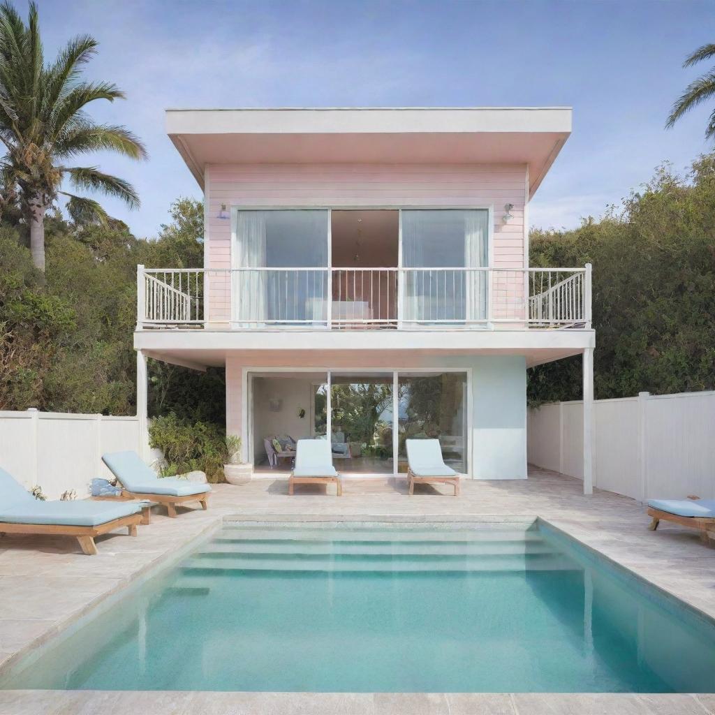 A charming small modern beach house with a compact front pool, painted in pastel colors, giving it a serene and coastal allure that matches the tranquility of the beach.