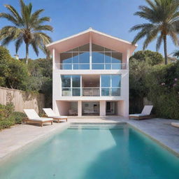 A charming small modern beach house with a compact front pool, painted in pastel colors, giving it a serene and coastal allure that matches the tranquility of the beach.