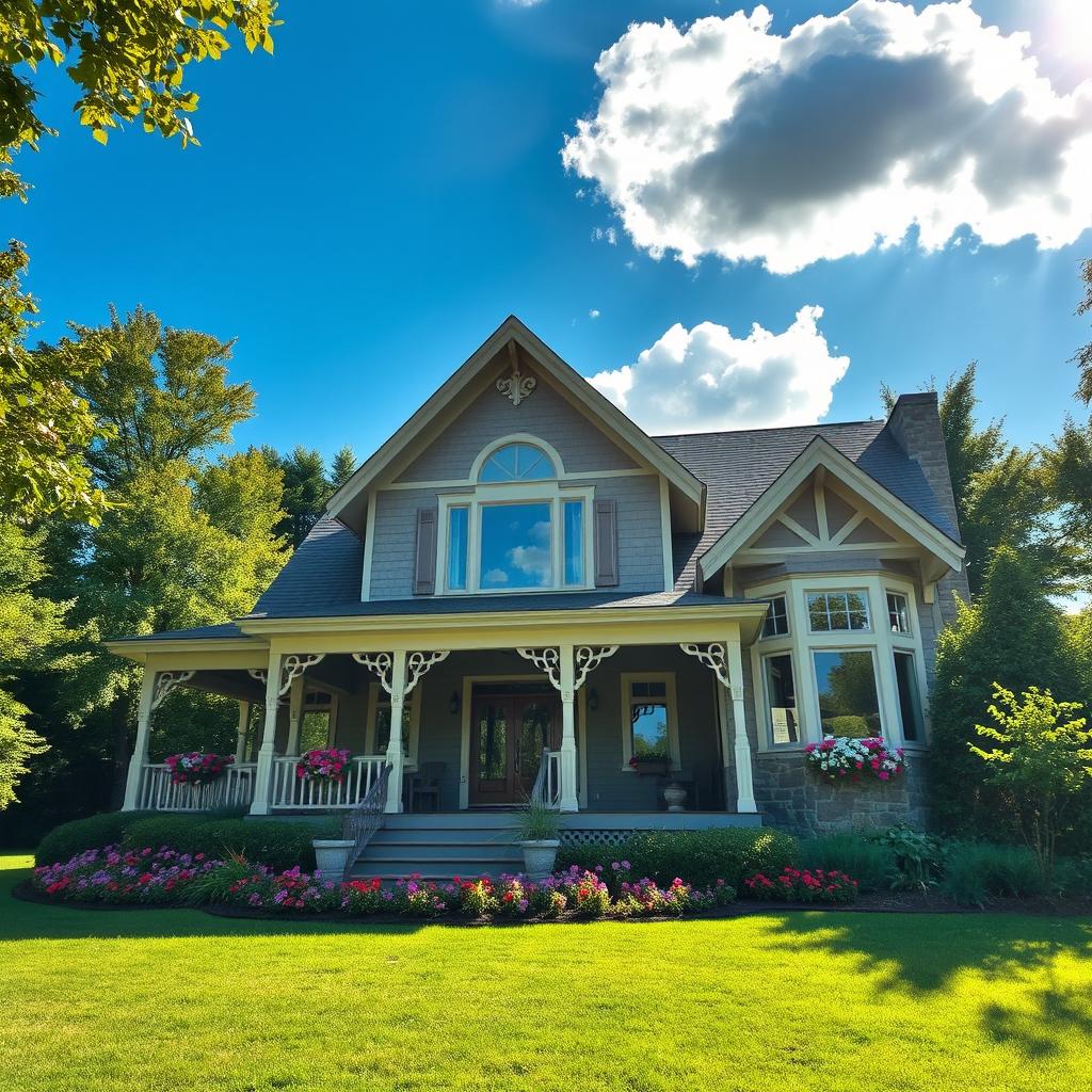 A beautiful house nestled in a lush green landscape, featuring a charming front porch with intricate railings, large windows adorned with flower boxes, and a vibrant garden full of colorful blooming flowers