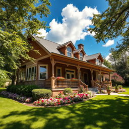 A beautiful house nestled in a lush green landscape, featuring a charming front porch with intricate railings, large windows adorned with flower boxes, and a vibrant garden full of colorful blooming flowers