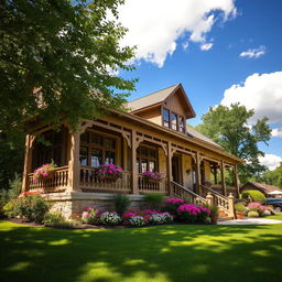 A beautiful house nestled in a lush green landscape, featuring a charming front porch with intricate railings, large windows adorned with flower boxes, and a vibrant garden full of colorful blooming flowers