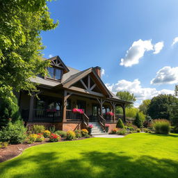 A beautiful house nestled in a lush green landscape, featuring a charming front porch with intricate railings, large windows adorned with flower boxes, and a vibrant garden full of colorful blooming flowers