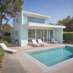 A charming small modern beach house with a compact front pool, painted in pastel colors, giving it a serene and coastal allure that matches the tranquility of the beach.