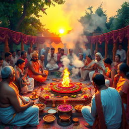 An intricate and vibrant scene of a traditional yajna ceremony, featuring a decorated fire altar surrounded by priests and devotees