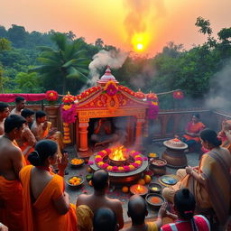 An intricate and vibrant scene of a traditional yajna ceremony, featuring a decorated fire altar surrounded by priests and devotees