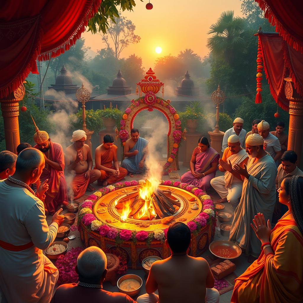 An intricate and vibrant scene of a traditional yajna ceremony, featuring a decorated fire altar surrounded by priests and devotees