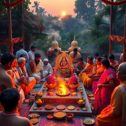 An intricate and vibrant scene of a traditional yajna ceremony, featuring a decorated fire altar surrounded by priests and devotees