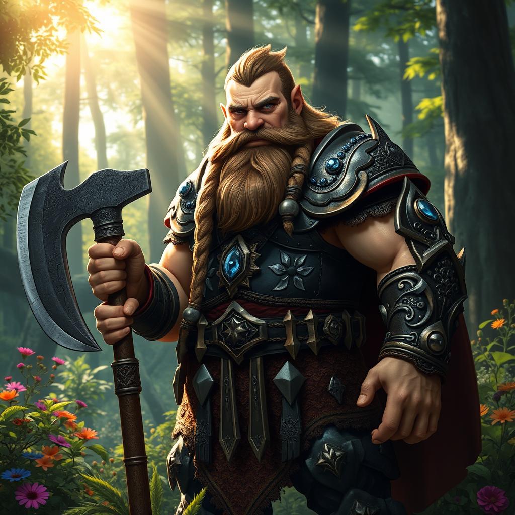 A strong dwarf standing proudly in a lush, green forest, wearing intricately detailed armor adorned with gemstones