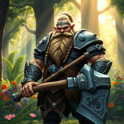 A strong dwarf standing proudly in a lush, green forest, wearing intricately detailed armor adorned with gemstones