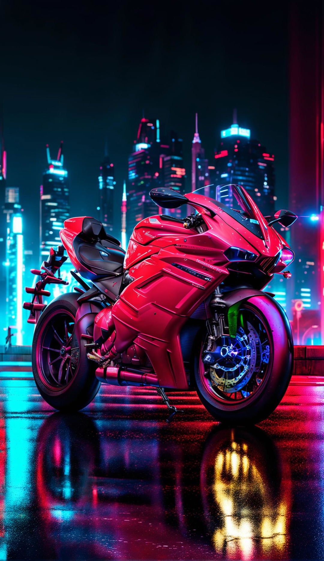 A futuristic cyberpunk Ducati V4 Panigale in a neon-lit cityscape.