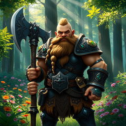 A strong dwarf standing proudly in a lush, green forest, wearing intricately detailed armor adorned with gemstones