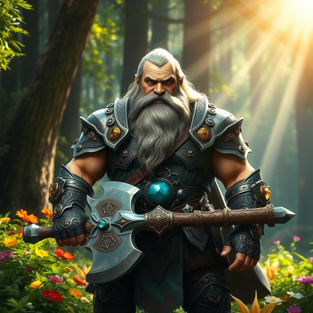 A strong dwarf standing proudly in a lush, green forest, wearing intricately detailed armor adorned with gemstones